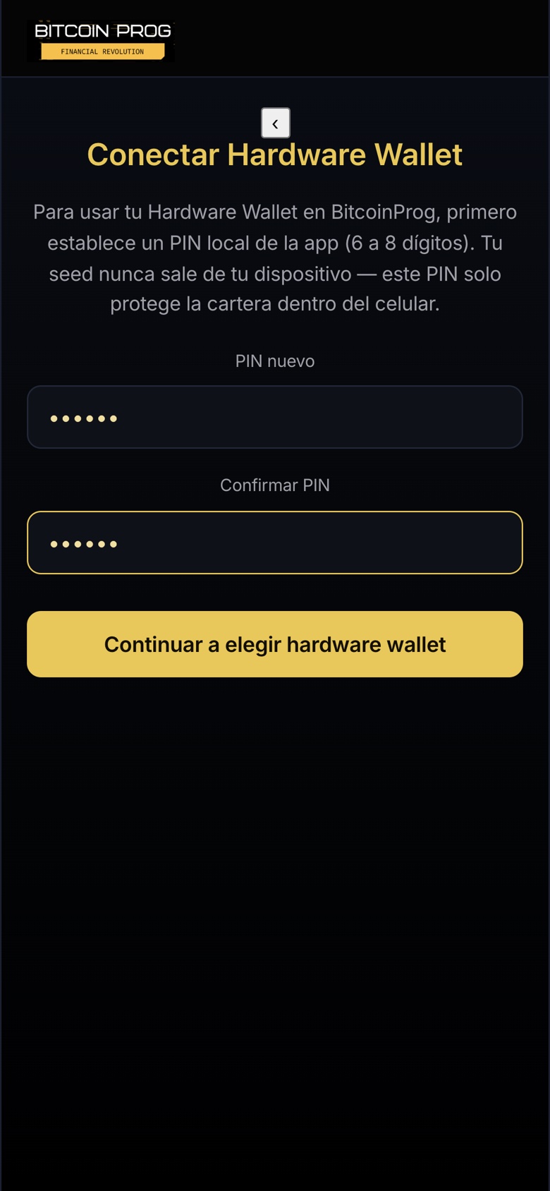 Captura de la app BitcoinProg Wallet