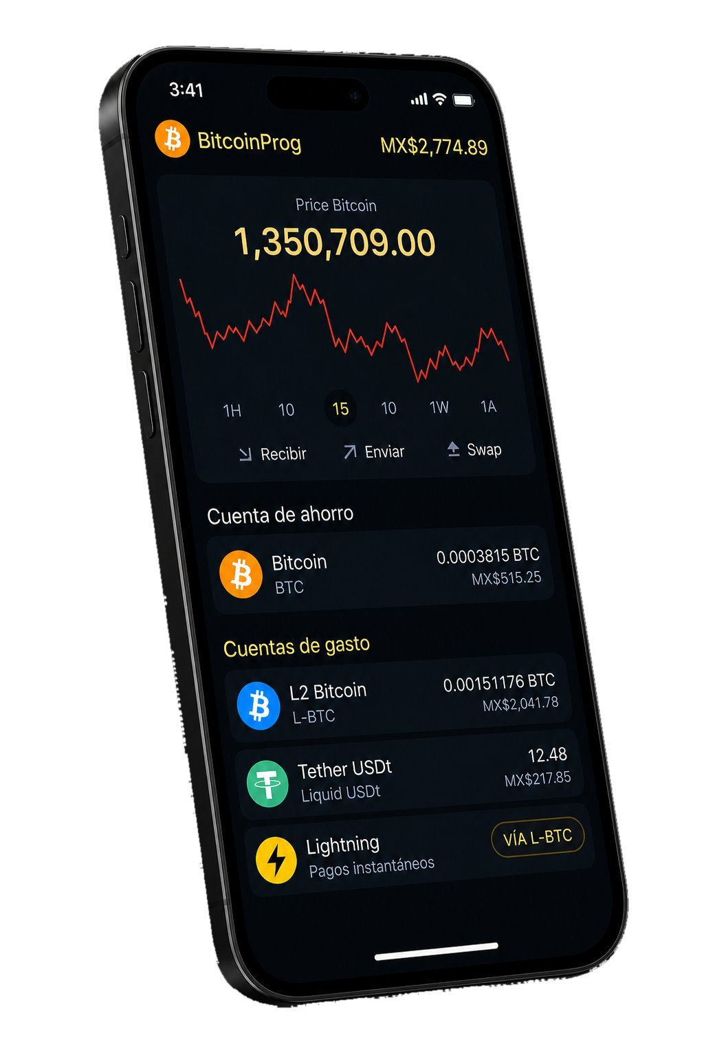 BitcoinProg app — cartera Bitcoin, Lightning, Liquid y USDT